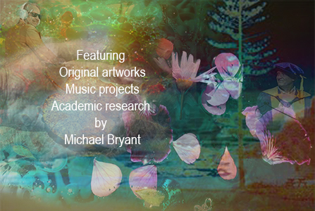 A montage photo of natural elements including, land, sea and sky. Michael Bryant as an academic and artist is placed semi transparent within the frame